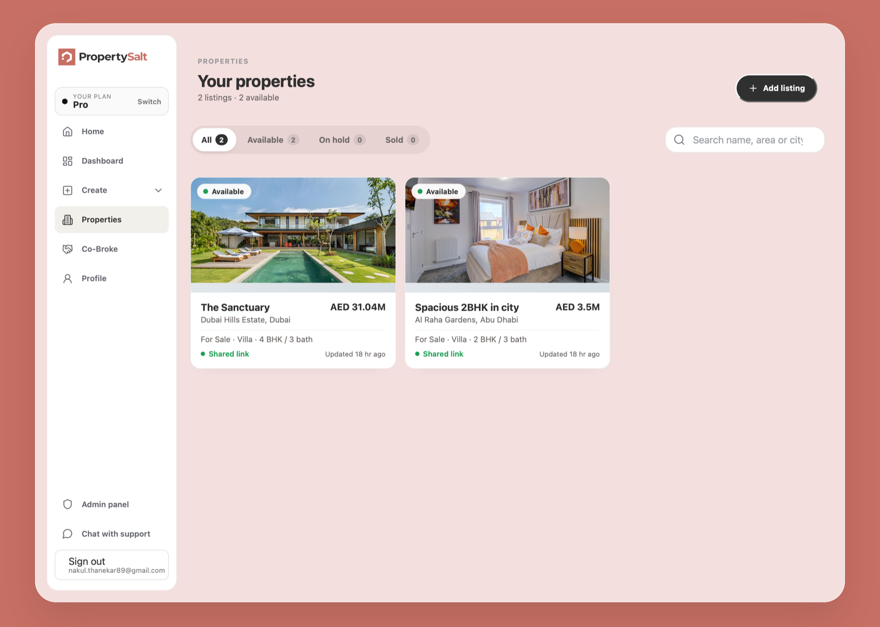 PropertySalt Properties page showing saved live listings