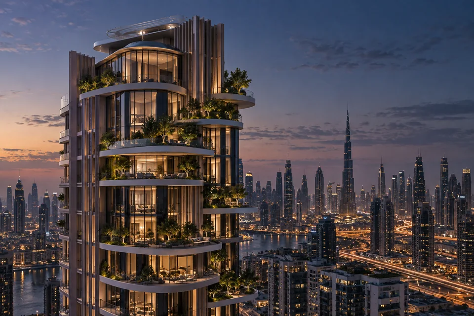 Contemporary Dubai residential tower with planted sky terraces at twilight