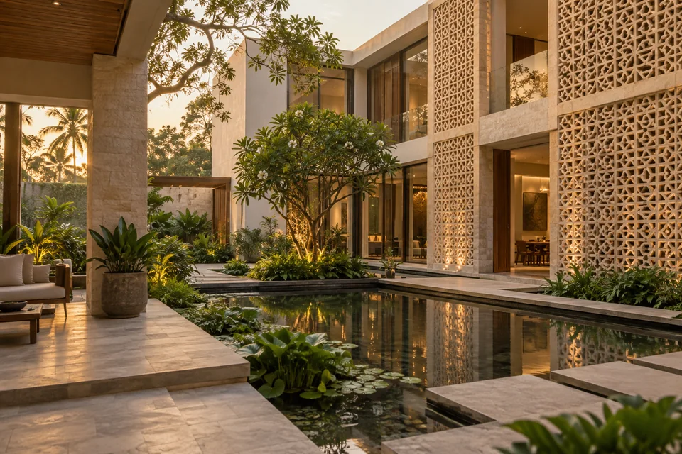 Modern Indian villa with stone jaali screens and a biophilic courtyard